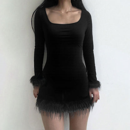 Women's Solid-color Knitted Waist-cinching Long-sleeve Dress
