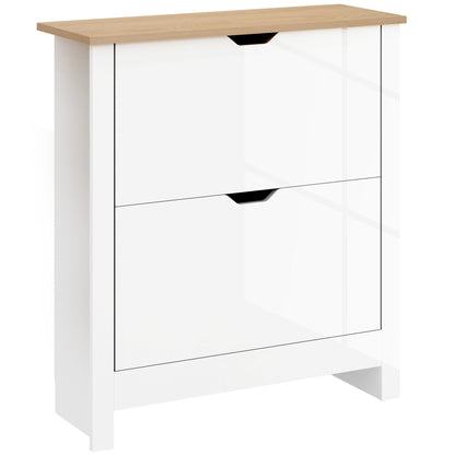 HOMCOM Slim Shoe Cabinet, Narrow Shoe Cupboard with 2 Flip Drawers, Adjustable Shelves for 12 Pairs of Shoes, High Gloss White