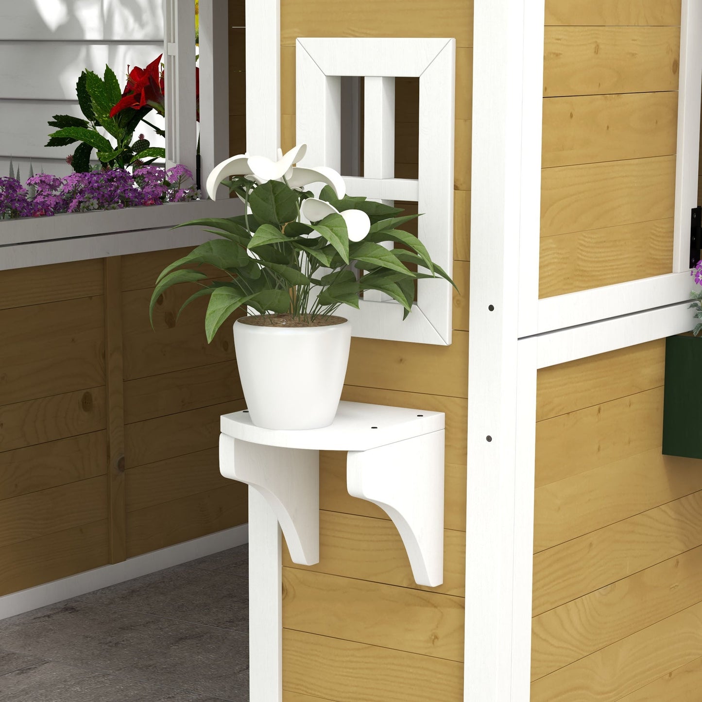 Outsunny Wooden Playhouse with Doors, Windows, Plant Pots, Boxes, for 3-8 Years - Beige