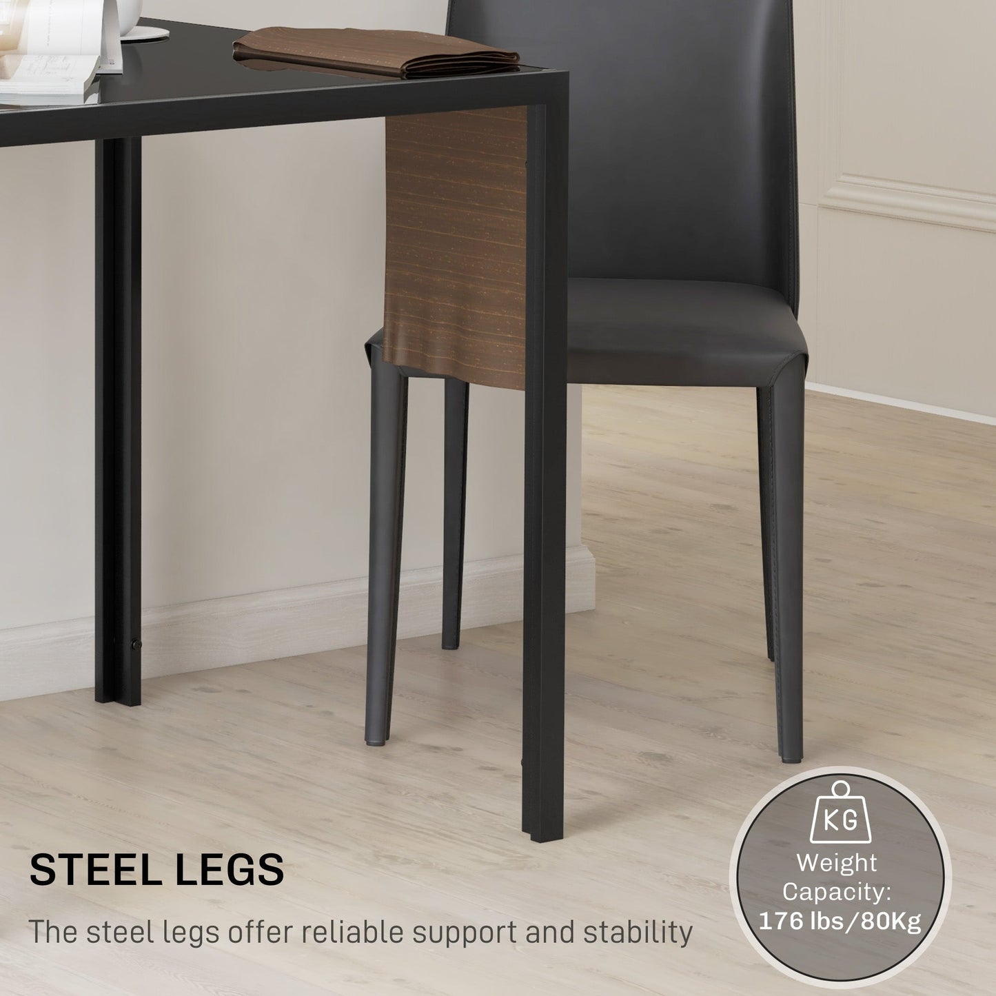 HOMCOM Modern Square Dining Table for 2-4 People, with Glass Top & Metal Legs, Black