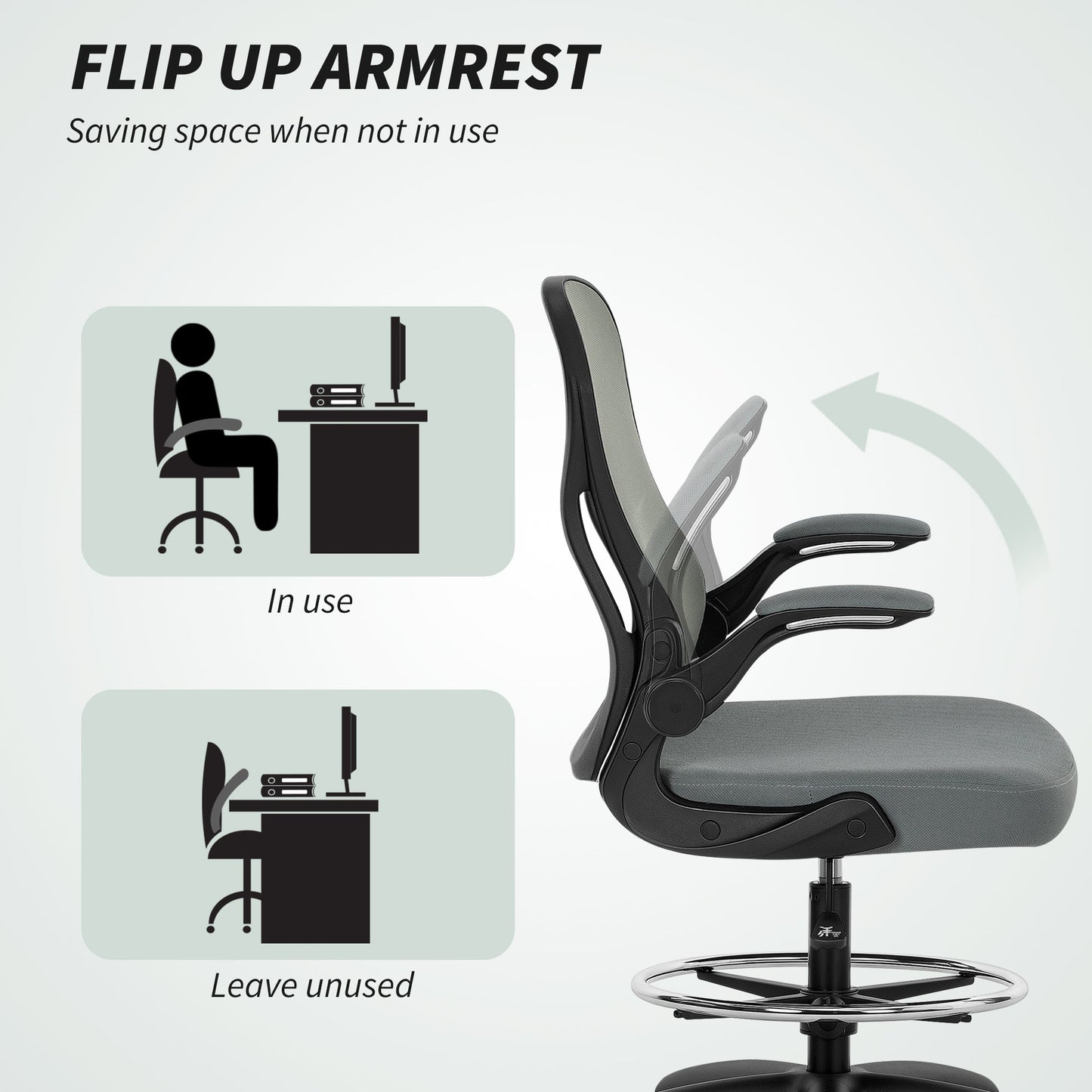 Vinsetto Drafting Chair, Ergonomic Tall Office Chair with Flip-up Armrests, Mesh Back, Lumbar Support, Adjustable Height and Foot Ring, Swivel Wheels, for Standing Desk, Charcoal Grey