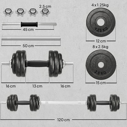 SPORTNOW 2-in-1 Adjustable Dumbbells Set, 30kg Cast Iron Weights Dumbbells Set with Non-Slip Grip for Strength Training, Weight Lifting, Bodybuilding, Home Gym Workout Equipment for Men & Women