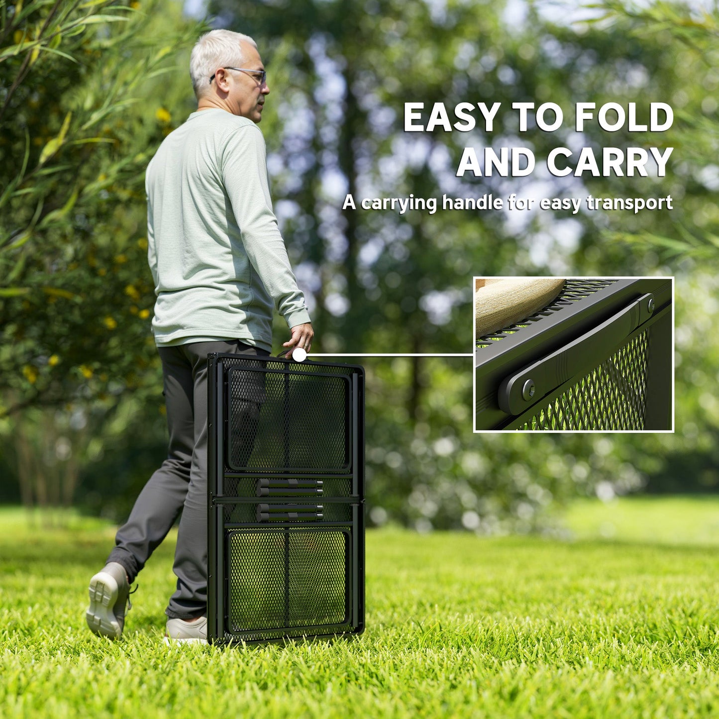 Outsunny Folding Grill Table, 4.5ft Portable Camping Table with 2 Wing Panels, Height Adjustable Metal Picnic Table for Camping, Picnic and BBQ, Black