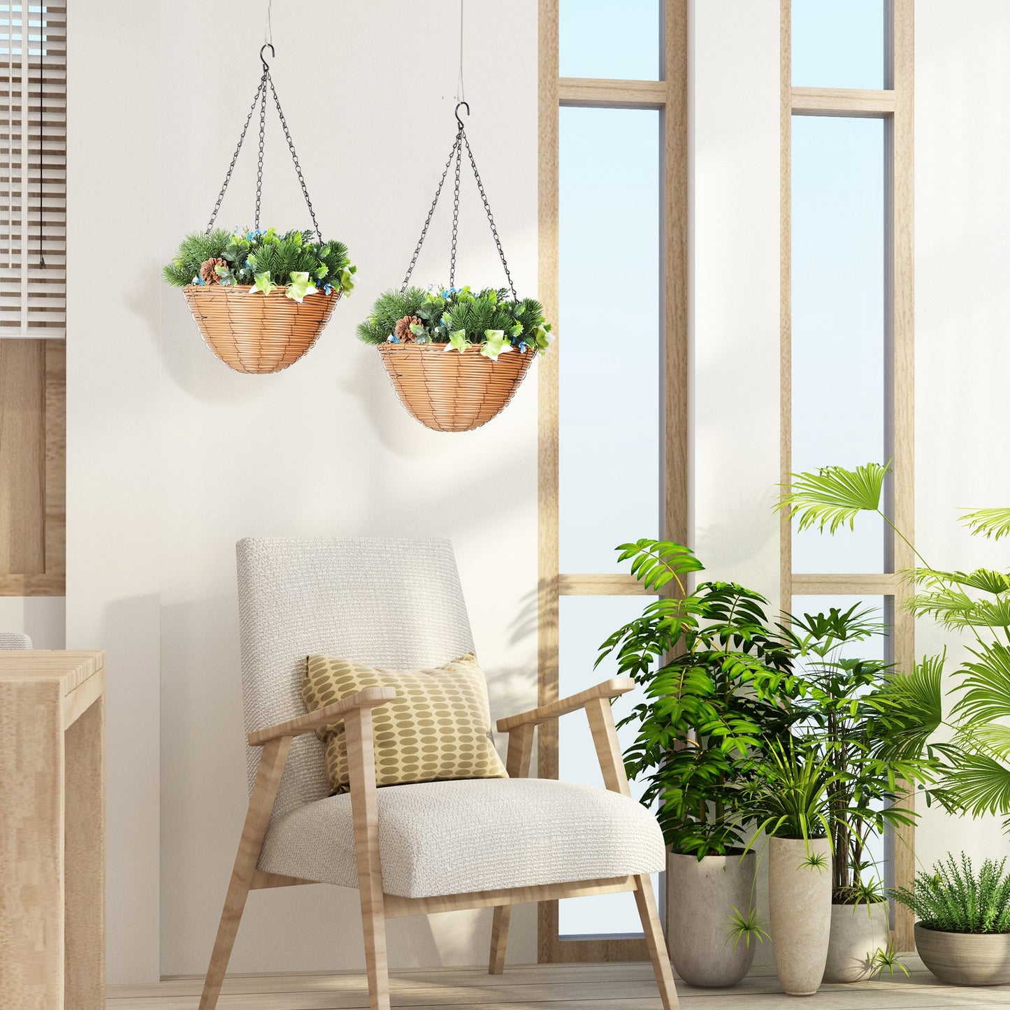 HOMCOM Pack of 2 Faux Plant Artificial Lisianthus Flowers, Hanging Planters with Basket, PE Leaves, 18 Flowers and 3 Pinecones, Decorative Faux Plants for Home Office Decor, Green