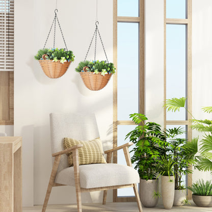 HOMCOM Pack of 2 Faux Plant Artificial Lisianthus Flowers, Hanging Planters with Basket, PE Leaves, 18 Flowers and 3 Pinecones, Decorative Faux Plants for Home Office Decor, Green