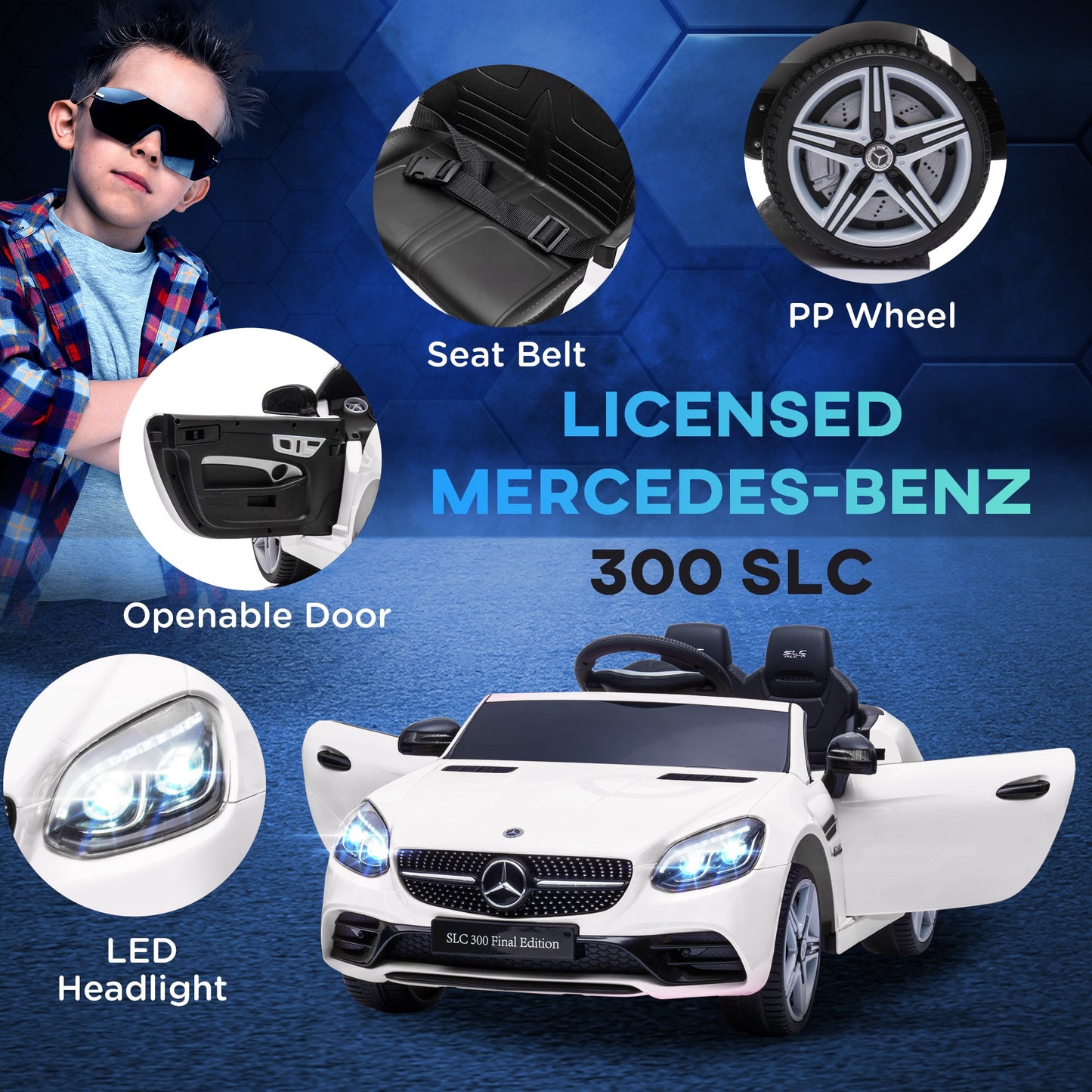 AIYAPLAY Benz SLC 300 Licensed 12V Electric Car for Kids, Kids' Electric Ride on with Parental Remote, Music Lights, Suspension Wheels for 3-6 Years, White