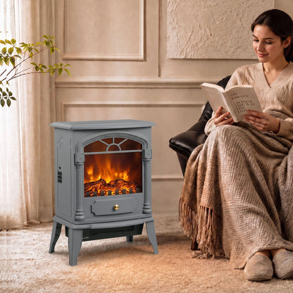HOMCOM Freestanding Portable Fireplace, Electric Fireplace Stove Heater with 3D Flame Effect and Adjustable Thermostat, Grey