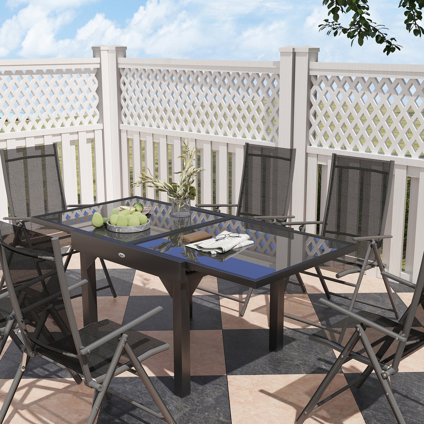 Outsunny 7 Piece Outdoor Dining Set with Extendable Table and 6 Folding Chairs for Patio, Balcony, Deck, Grey