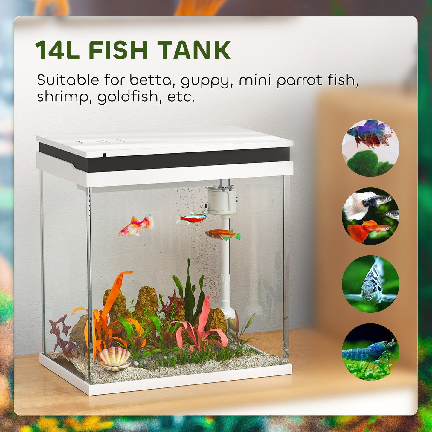 PawHut 14L Glass Fish Tank with Filter System, LED Lights, Water Pump, White