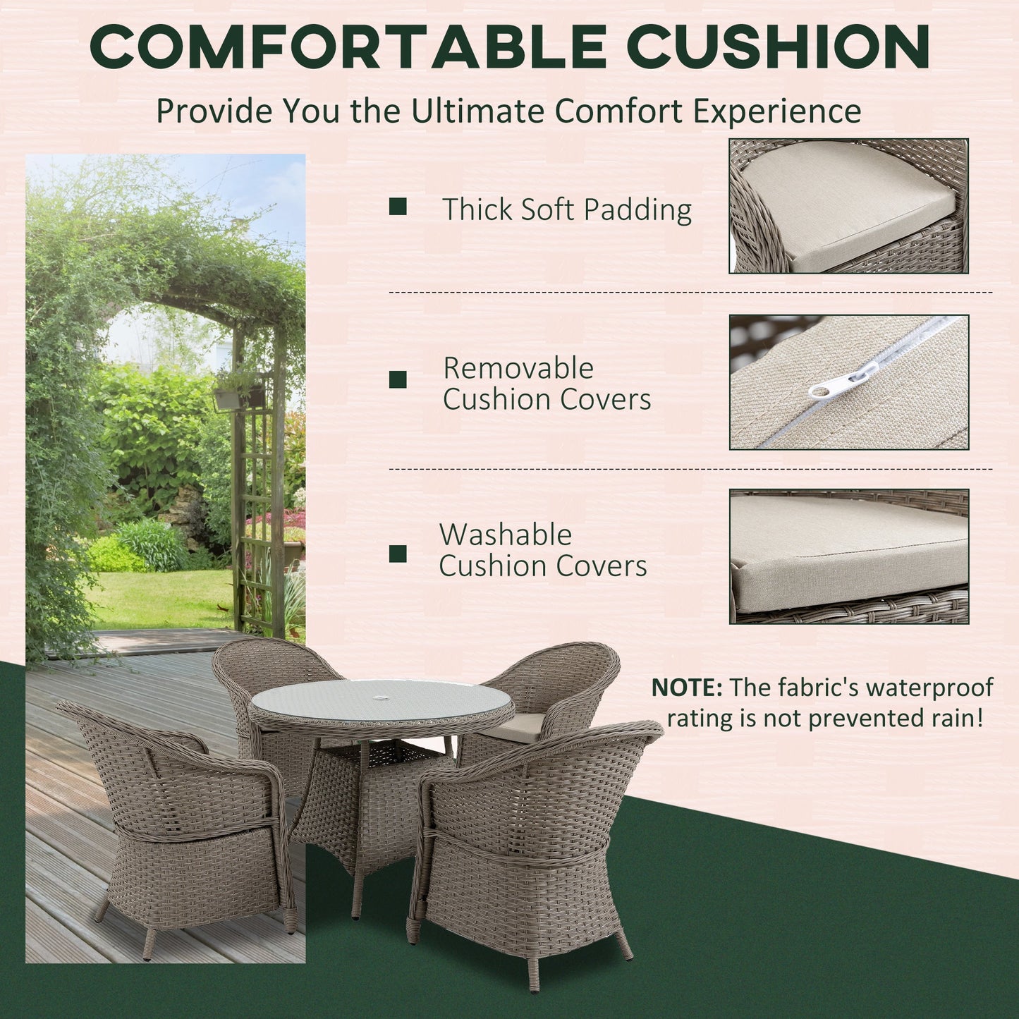 Outsunny 4 Seater Rattan Garden Furniture Set with Cushions, Round PE Rattan Dining Set with Glass-Top Table, Umbrella Hole, Outdoor Garden Table and Chairs, Mixed Grey