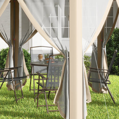 Outsunny 3x4m Hexagon Gazebo w/ Metal Frame Mesh Curtains Outdoor Garden, Khaki