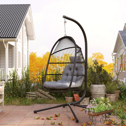 Outsunny Rattan Hanging Egg Chair with Stand, Cushion, Dark Grey