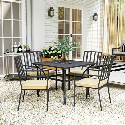 Outsunny Garden Dining Set w/ 4 Stackable Cushioned Chairs and Metal Top Table