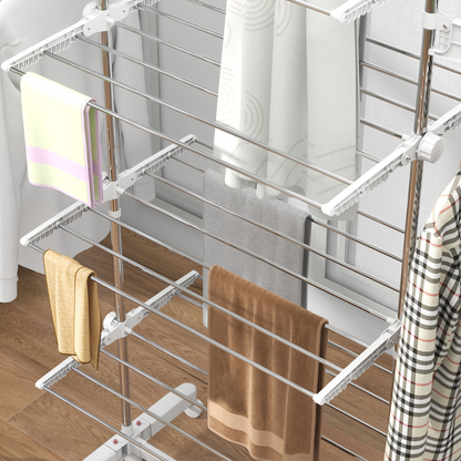 4 Layers Folding Cloth Hanger Stand Rail W/Wheels-White/Silver
