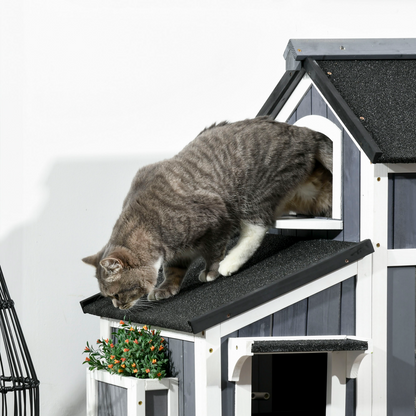 PawHut�Wooden�Cat�House�Outdoor w/ Flower Pot,�Window, Multiple�Entrances