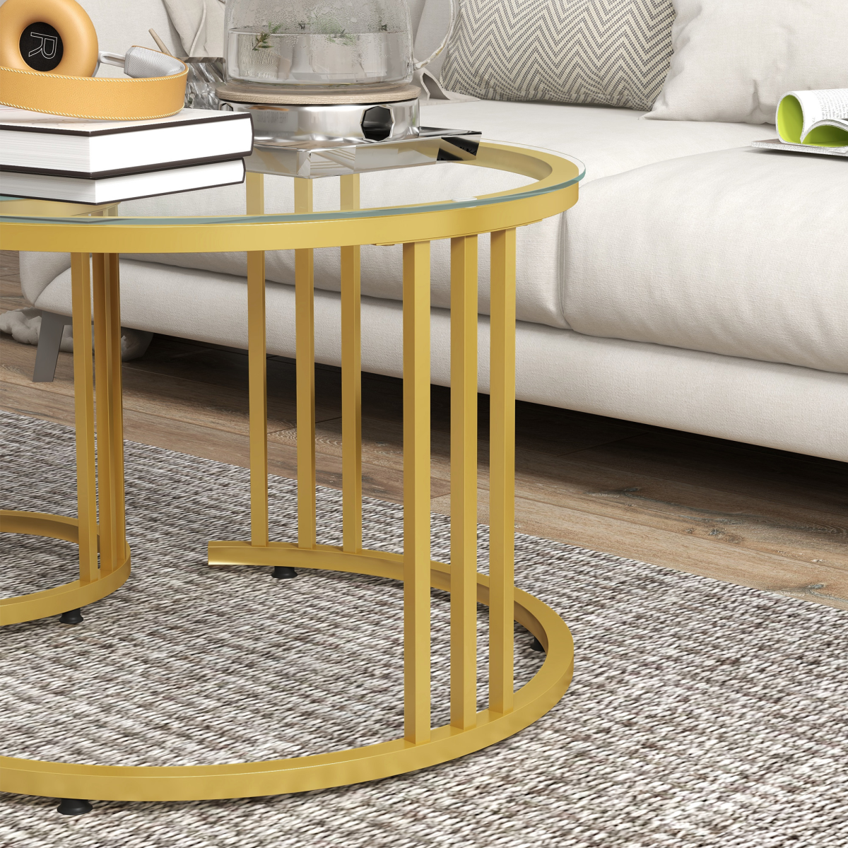 HOMCOM 2 Pieces Round Nesting Coffee Tables with Tempered Glass Top, Gold Tone
