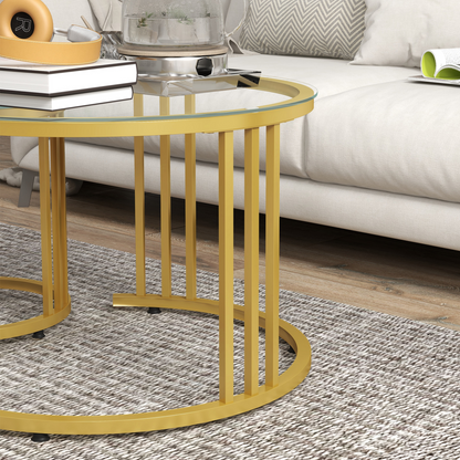 HOMCOM 2 Pieces Round Nesting Coffee Tables with Tempered Glass Top, Gold Tone