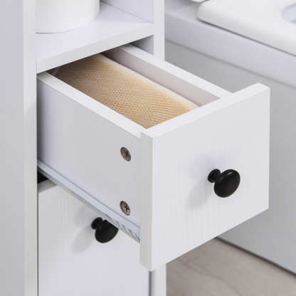 Slimline Bathroom Storage Unit w/ 2 Drawers 2 Open Compartments Wheels White