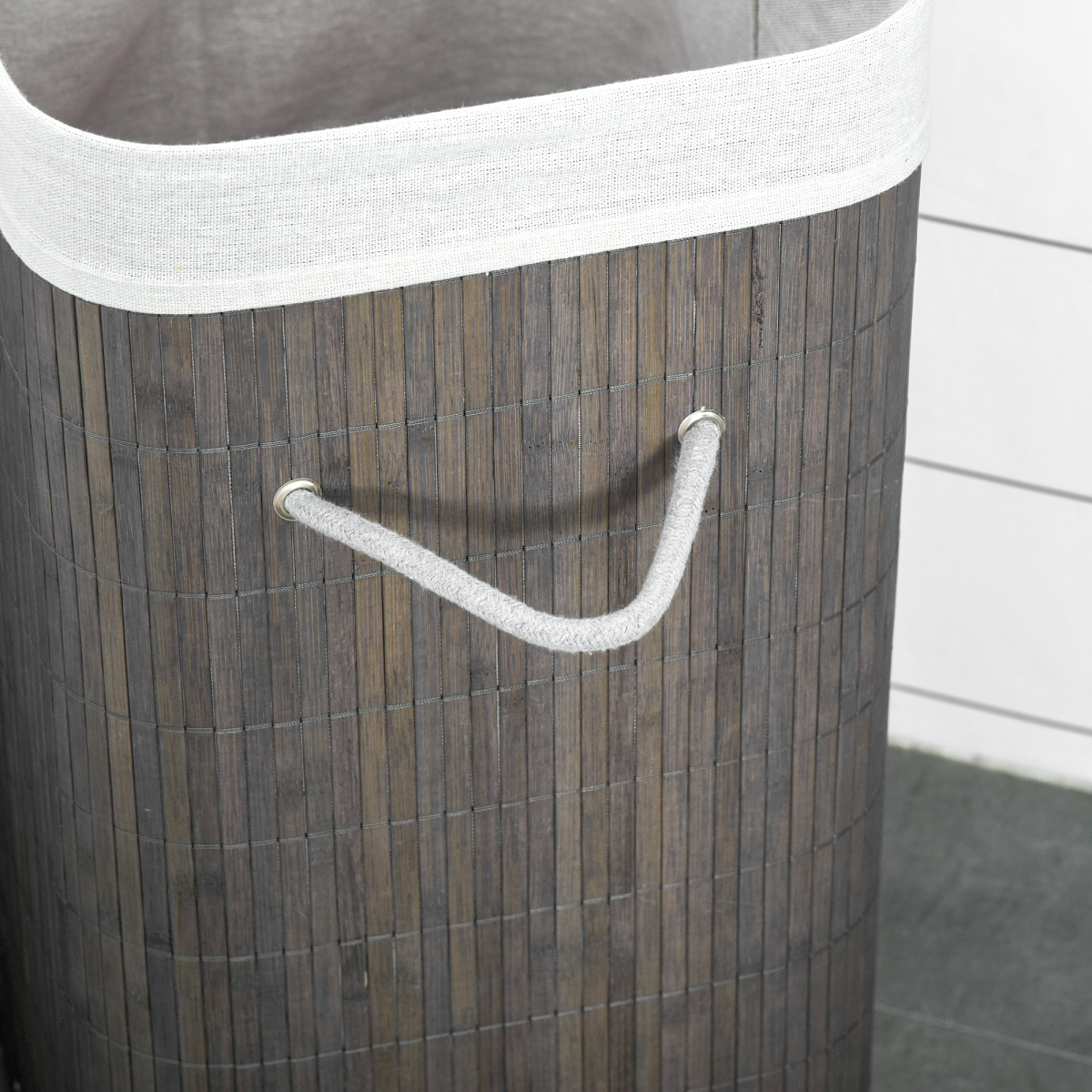 Bamboo Laundry Basket with Flip Lid Foldable, Grey Handles Lining,