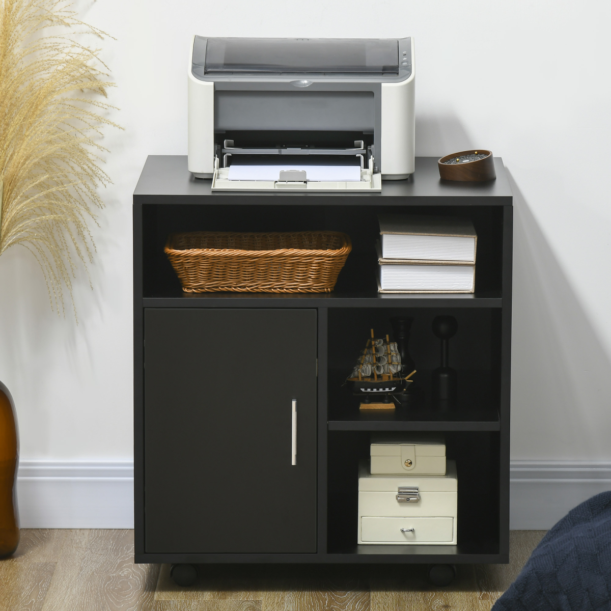 Multi-Storage Printer Unit Office Organisation w/ 5 Compartments Black HOMCOM