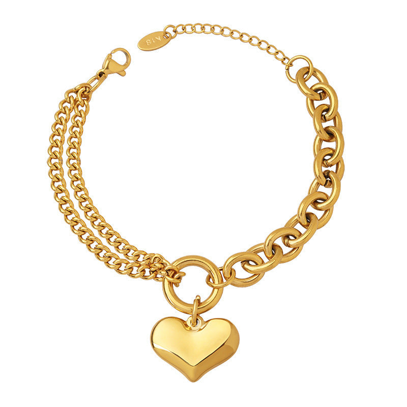 Hip Hop Thick Straps Double-layer Peach Heart Stainless Steel Bracelet