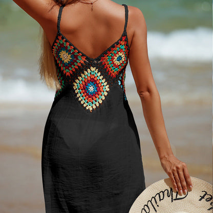 Hand Crocheting Stitching Color Pattern V-neck Pullover Hollow Breathable Beach Bikini Blouse Dress