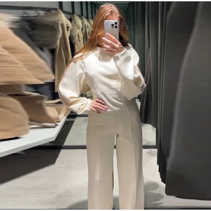Fashion Long Sleeve O-neck Pleated Top Wide Leg Pants Women's Suit