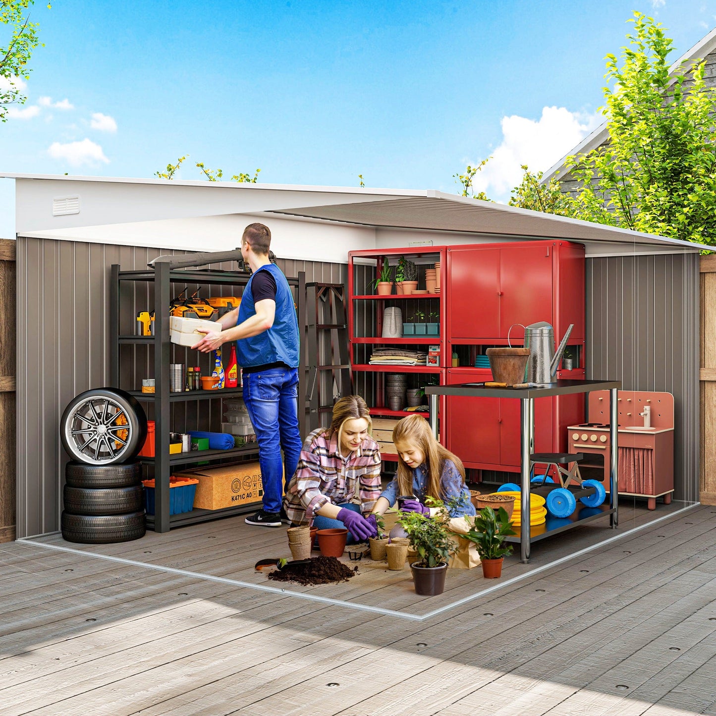 11.3 x 9.2ft Steel Garden Shed Metal Tool House Double Doors & 2 Air Vents, Grey