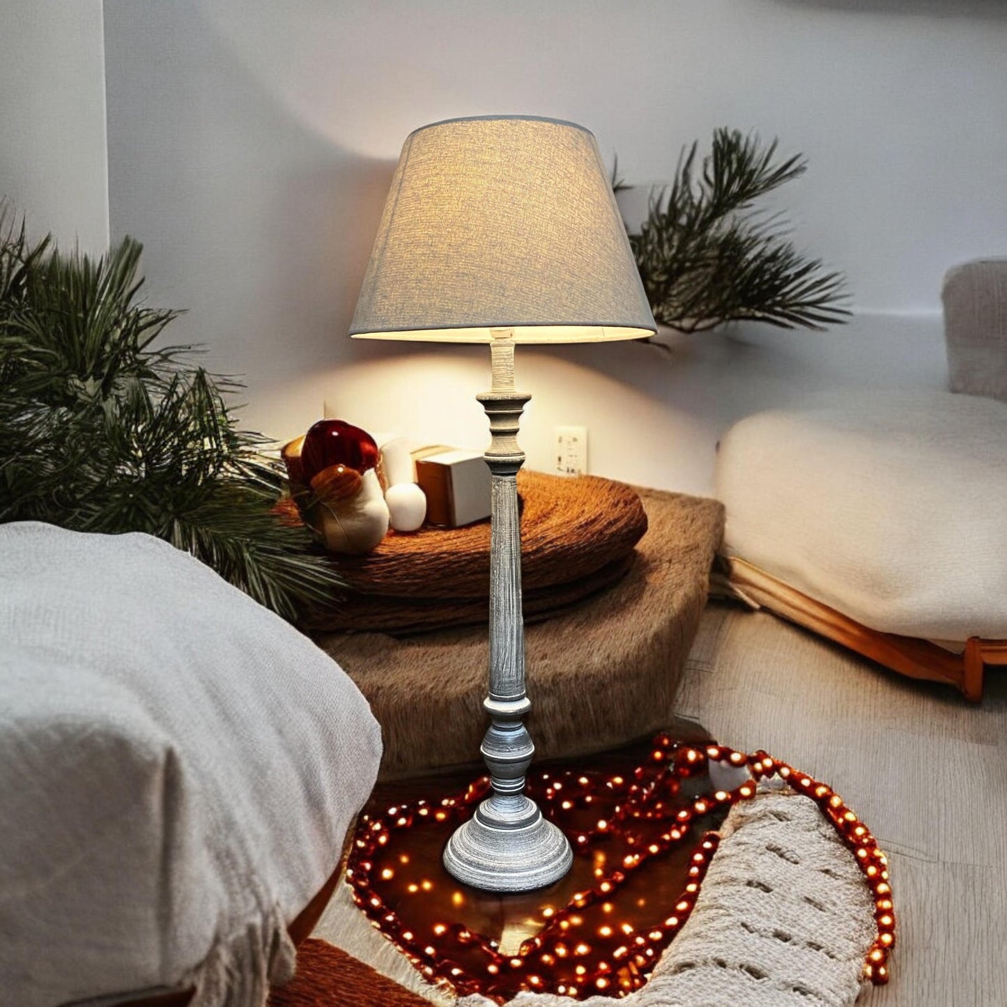AcaciaHome Stylish & Elegant Tall Wooden Grey Washed 60 cm Table Lamp with Taupe Linen Shade – Energy-Efficient E27 Bulb with Shabby Chic Lighting for Bedroom, Living Room & Office