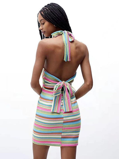 Colorful Striped Lace-Up Backless V-Neck Dress