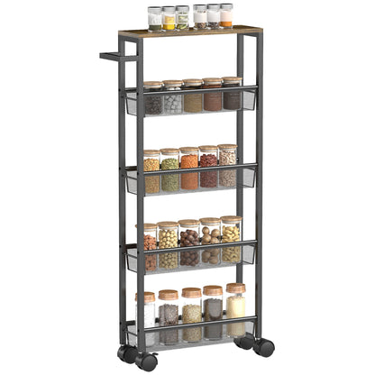 HOMCOM Slim Storage Trolley, 5-Tier Kitchen Cart on Wheels with Wood-effect Top, Handle for Living Room, Bathroom, Black