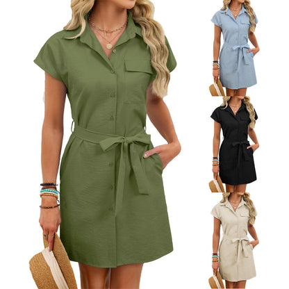 Women's Woven Dress With Lace-up Waist Cinch