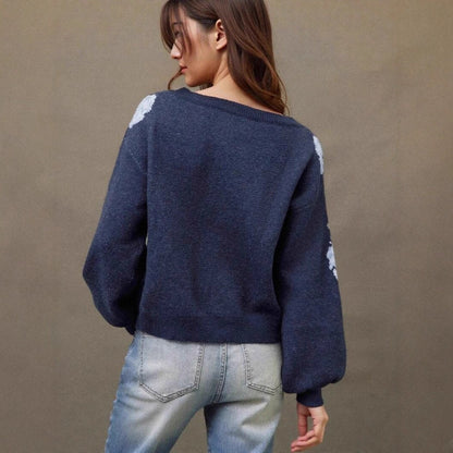 Off-neck Flower Jacquard Pullover Women's Loose Casual