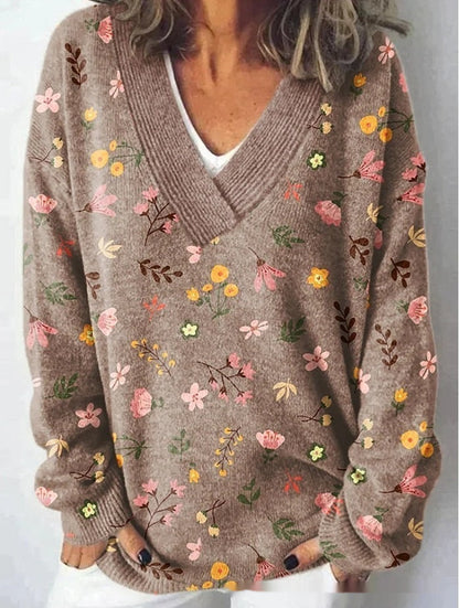 Floral Pattern Printed V-neck Long Sleeve Casual Sweatshirt