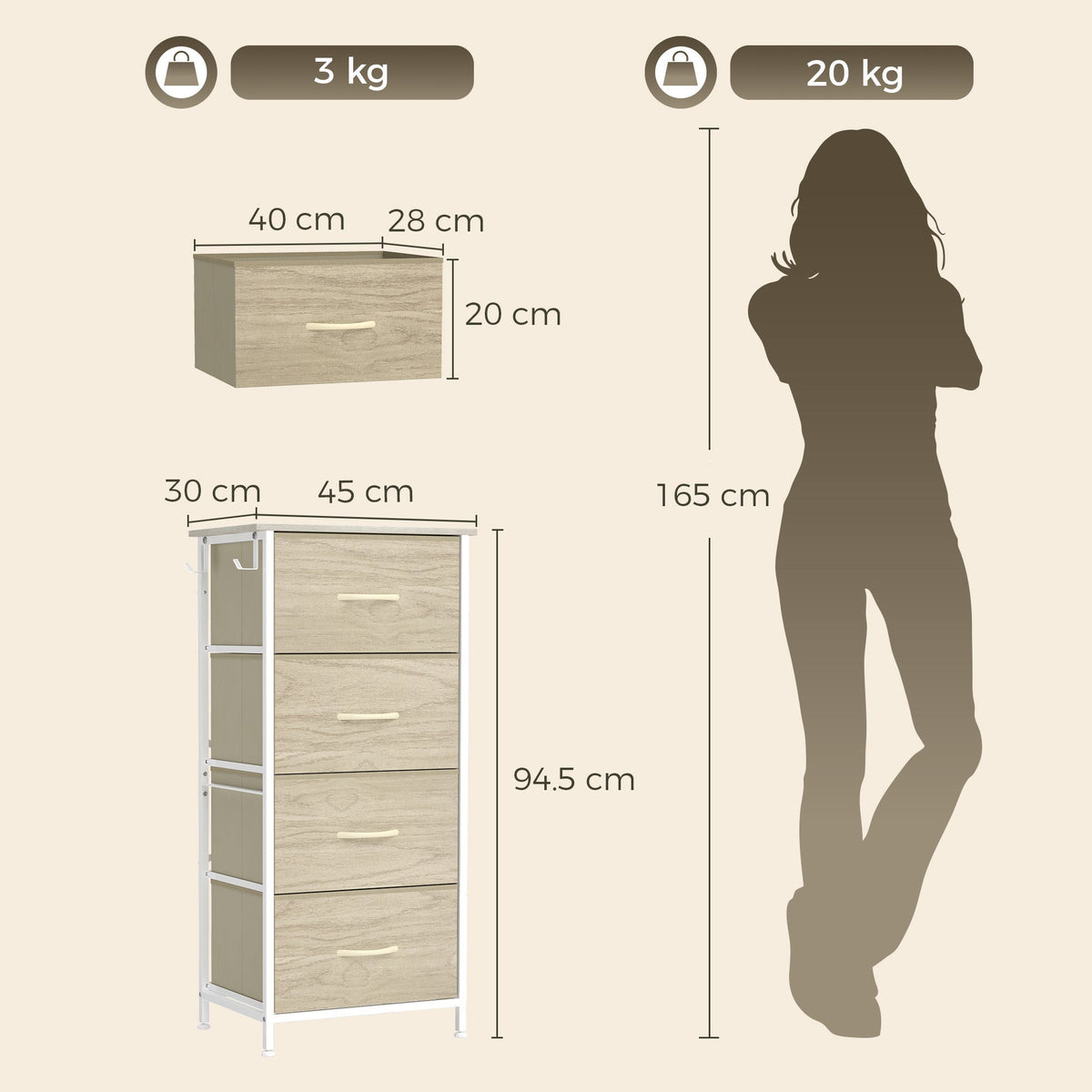HOMCOM Chest of Drawers, Dresser with 4 Fabric Drawers, Tall Storage Unit with 4 Pockets and 2 Hooks, Steel Frame, Natural Wood