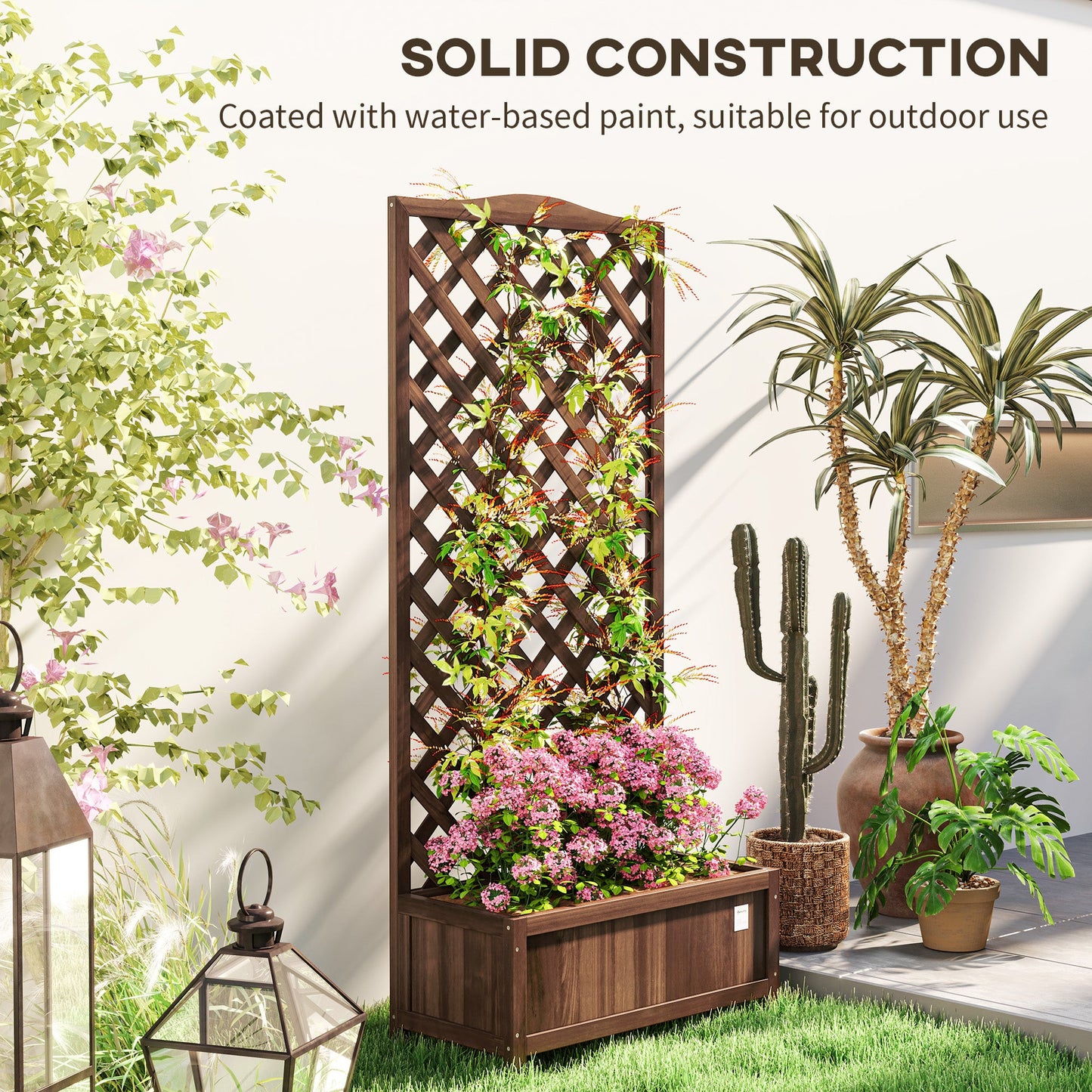Outsunny 53L Garden Wooden Planter Box with Trellis Free Standing Flower Raised Bed with Lattice for Climbing Plants, 76cm x 36cm x 170cm, Dark Brown