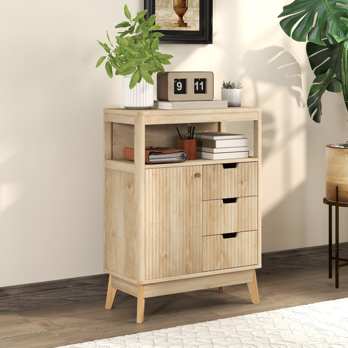 HOMCOM Small Sideboard with Drawers and Adjustable Shelf - Nature Wood Finish