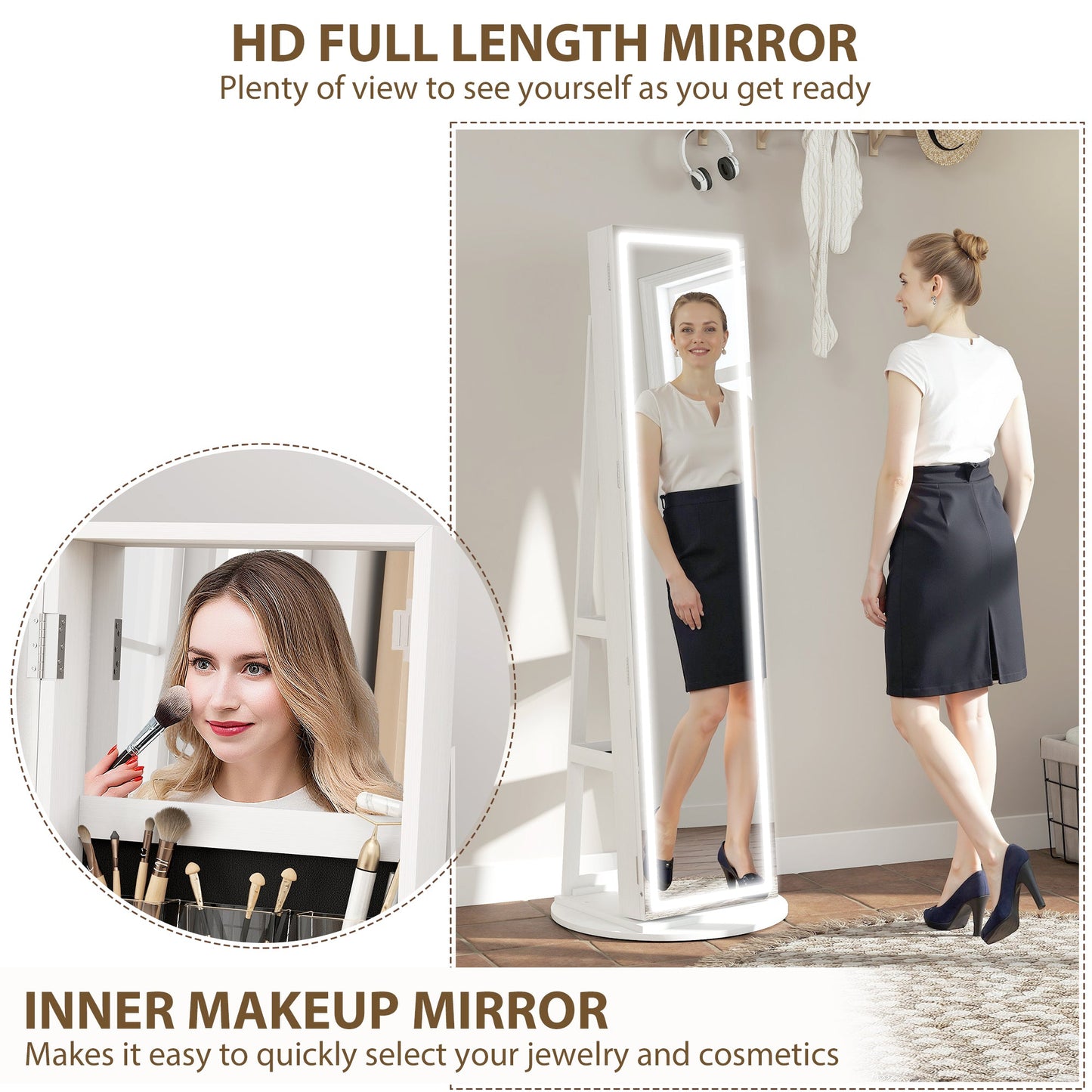 HOMCOM Storage Jewellery Cabinet, with Mirror and Lights - White