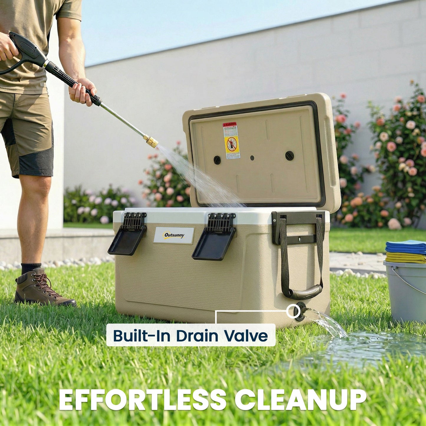 Outsunny 42.6L Insulated Cool Box, Lightweight Portable Ice Cooler with Handle, Lid and Drain Valve, Khaki