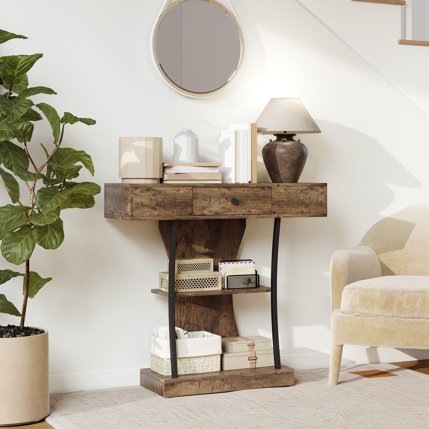 HOMCOM Console Table, 3-Tier Industrial Hallway Table with Drawer, Storage Shelves, 91 x 32 x 87 cm, Rustic Brown