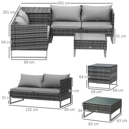 Outsunny 4 PCs Garden Rattan Wicker Outdoor Furniture Patio Corner Sofa Love Seat and Table Set  with Cushions Side Desk Storage - Mixed Grey