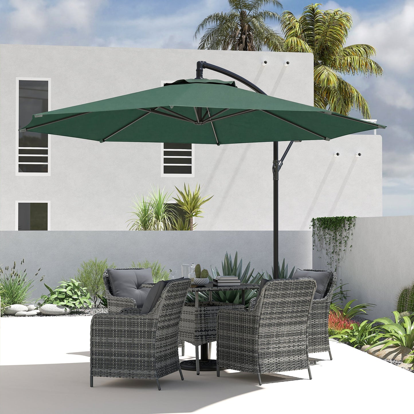 Outsunny 3 m Overhanging Cantilever Parasol, with Cross Base - Dark Green