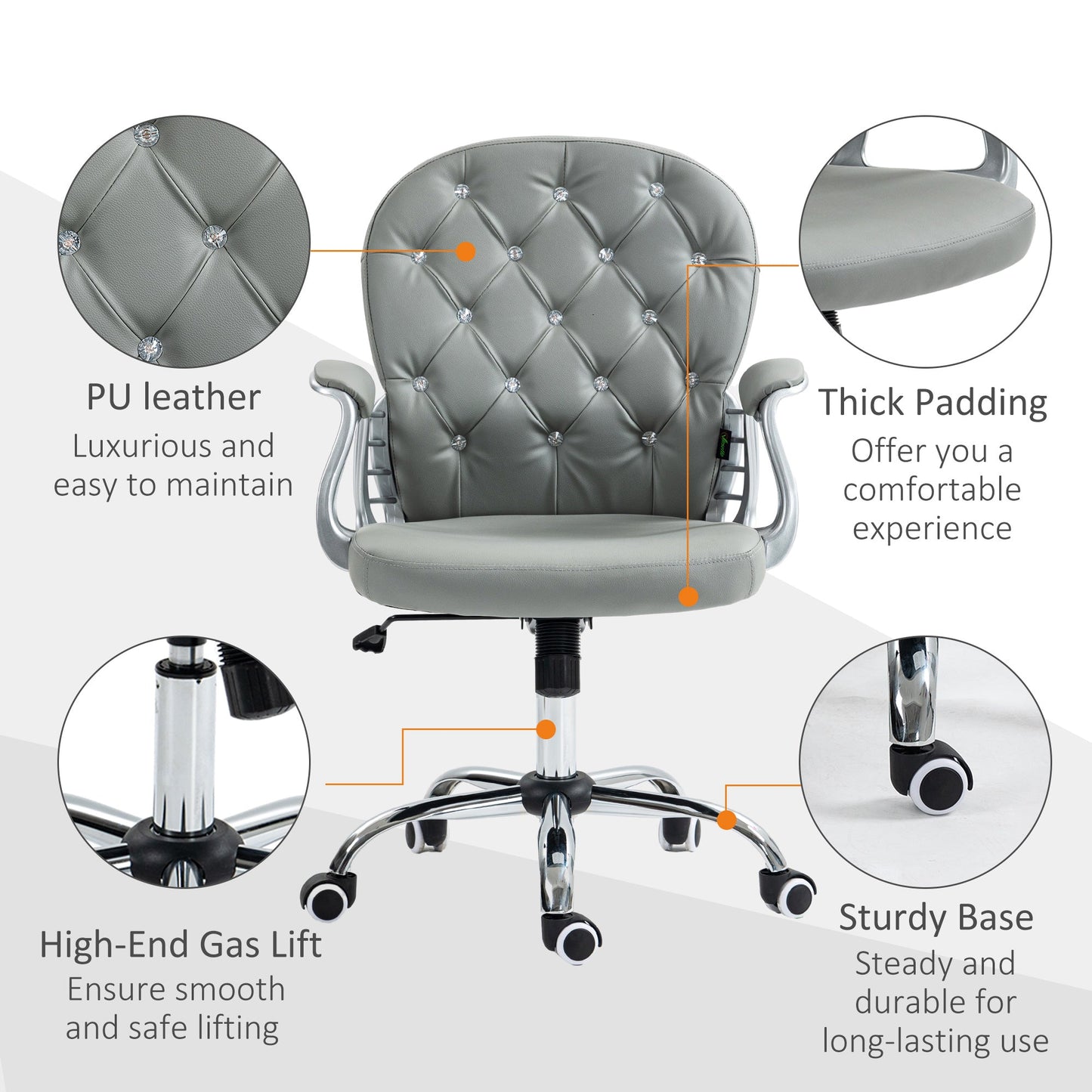 Vinsetto Office Chair Ergonomic 360\'c2\'b0 Swivel PU Diamante Padded Base 5 Castor Wheels for Home Work Grey