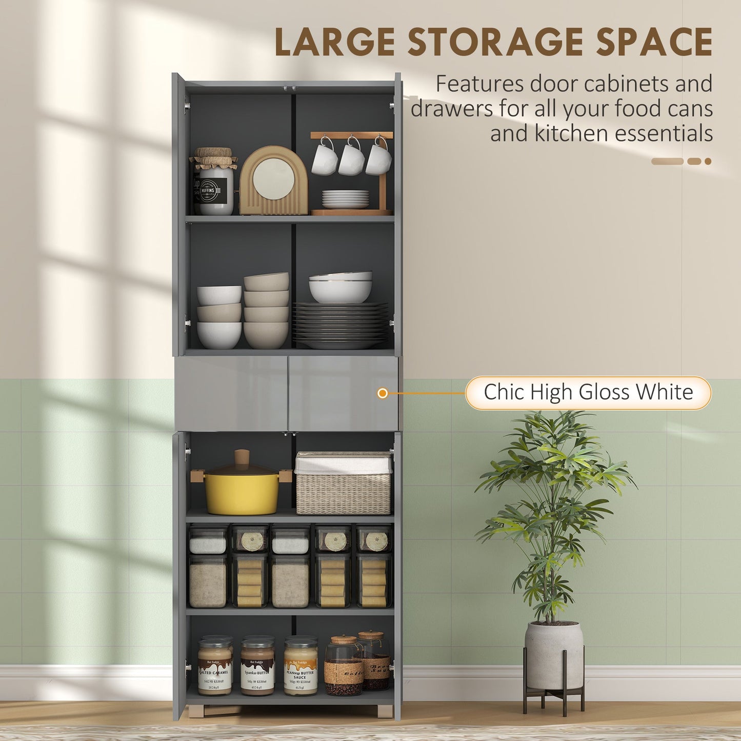 HOMCOM Storage Cabinet, Kitchen Cupboard with 3 Adjustable Shelves, 60L x 35W x 170H cm, High Gloss Grey