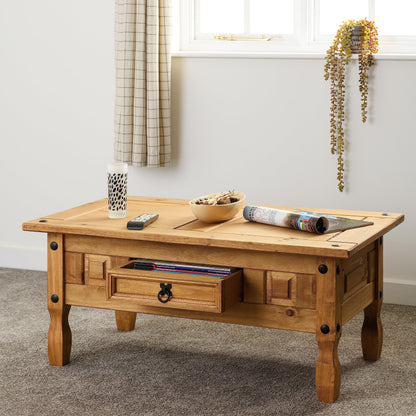 Seconique Corona 1 Drawer Coffee Table in Distressed Waxed Pine