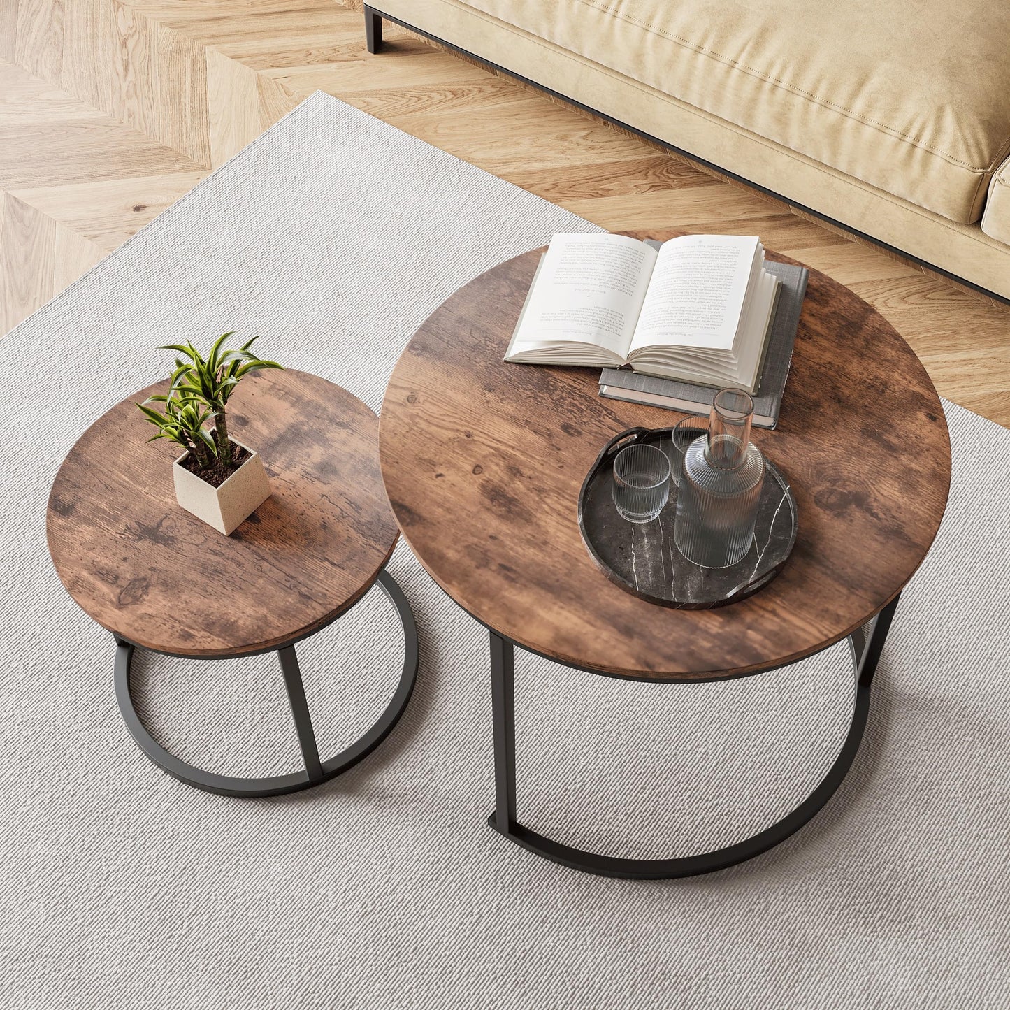 HOJINLINERO Small Round Nesting Coffee Table Set of 2 with Metal Frame and Wood Top, Modern Stacking Side Table for Living Room, Bedroom, Office