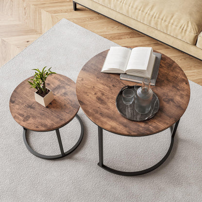 HOJINLINERO Small Round Nesting Coffee Table Set of 2 with Metal Frame and Wood Top, Modern Stacking Side Table for Living Room, Bedroom, Office