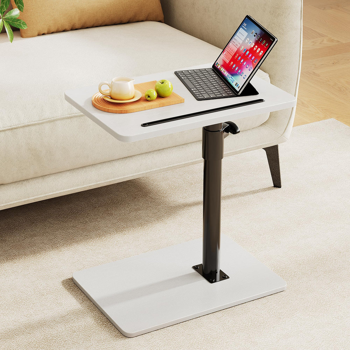 CAIYUN C Shaped Side Table, Height Adjustable Swivel 360° Rotating, White End Table for Small Spaces