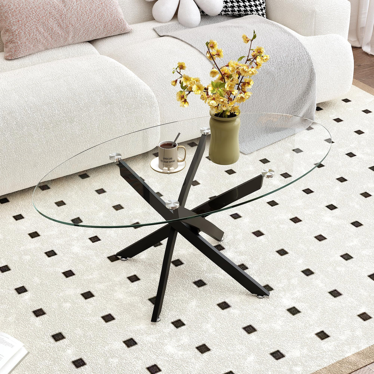 GOLDFAN Oval Glass Coffee Table with Black Metal Legs, Modern Clear Tempered Glass Centre Table for Living Room, Office or Apartment