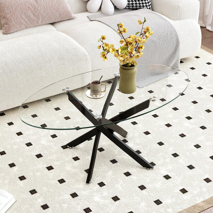 GOLDFAN Oval Glass Coffee Table with Black Metal Legs, Modern Clear Tempered Glass Centre Table for Living Room, Office or Apartment